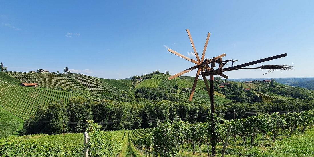 A wooden klapotetz wind rattle above the steep vineyard hills of South Styria
