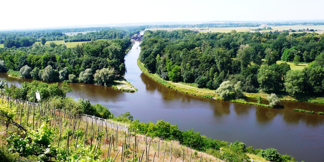 Vine terraces of the St Ludmila vineyard above the meeting of the Vltava and Labe rivers at Mělník