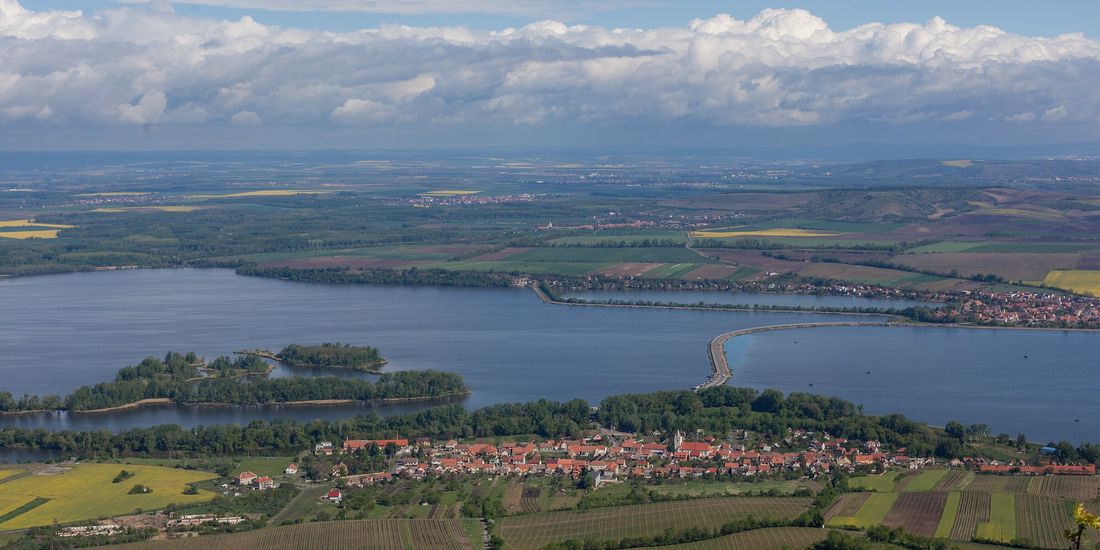 Pavlov village and its vineyards beside the Nové Mlýny reservoir, seen from the Děvín ridge of the Pálava hills in South Moravia