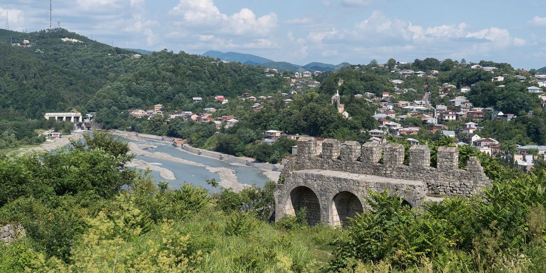 Hillside houses of Kutaisi and the Rioni river seen from the Ukimerioni fortress wall, Imereti