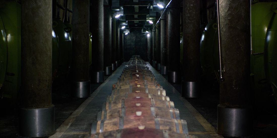 Oak barrels between steel tanks in a dim Kakheti winery cellar