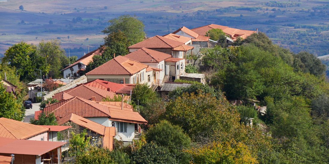 Red-tiled rooftops of Sighnaghi above the Alazani valley in Kakheti, Georgia