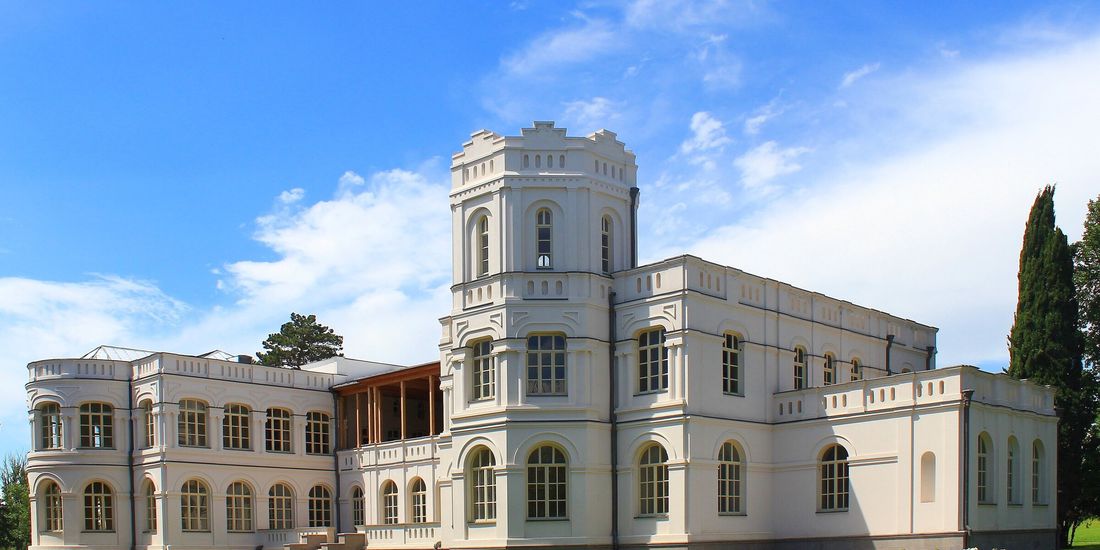 The white towered palace of Château Mukhrani on the Kartli plain, Georgia