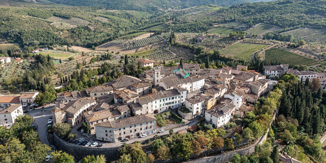 The walled town of Radda in Chianti on its ridge, with vineyards and woods around it, Tuscany